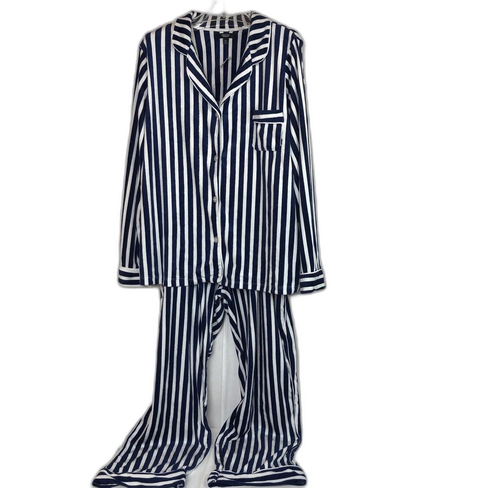 Simply Vera Vera Wang 2 Piece Pajama Set XLarge Blue/ White Stripe Fleece Velour